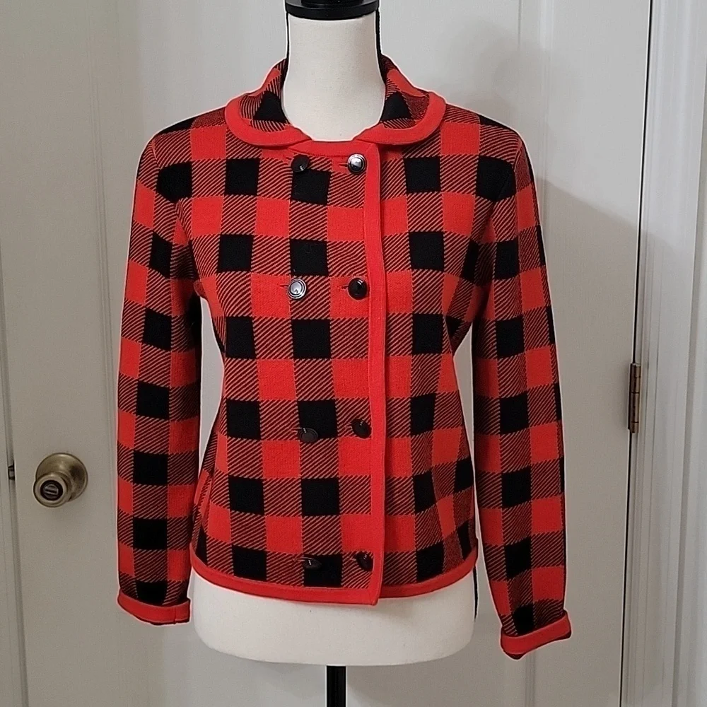 J. Crew Size Unknown Red & Black Buffalo Check / Plaid Double Breasted Cardigan